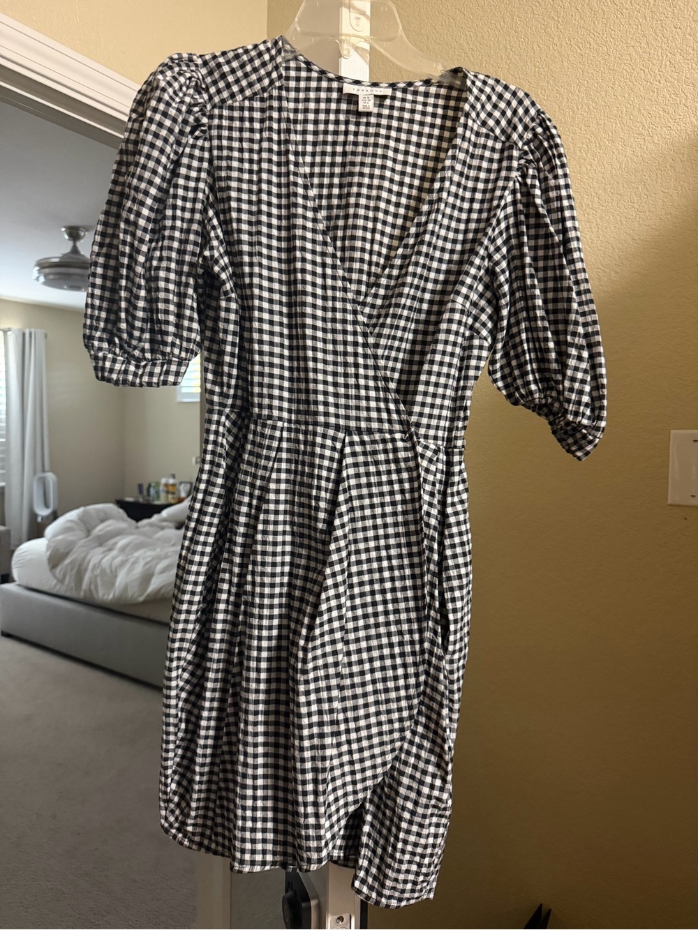TOPSHOP Black White Gingham Puff Sleeve Wrap Mini Dress US 6 Like New